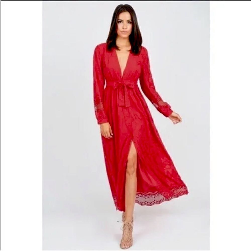 Olivia Culpo x Le Tote Red Long Sleeve Embroidered Maxi Dress Size L